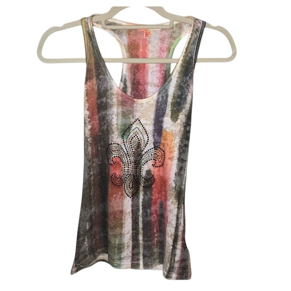 TWENTYONE Tank Top Fleur-de-lis Bead Decorated Sleeveless Tie Dye Size Small